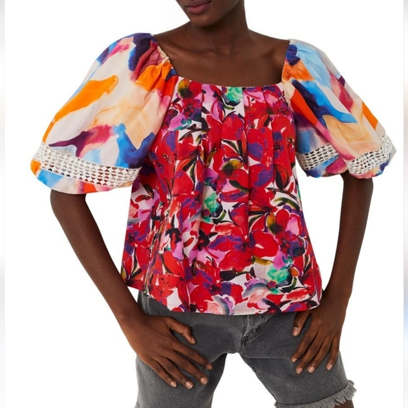 French Connection Small Isadora Patch Poplin Bardo Floral Blouse Puff Sleeves - Picture 1 of 9